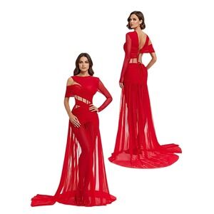 Mew Mews Maxi Dress S Wom Red Malati Corset Cutout Mesh Ruched Evening Gown NEW